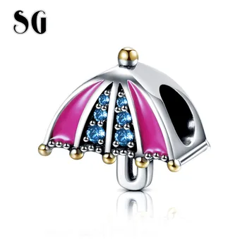 

SG Fit pandora Bracelet 925 Sterling Silver Cute Pink Enamel bumbershoot charm Umbrella beads with Blue CZ for Women Gifts