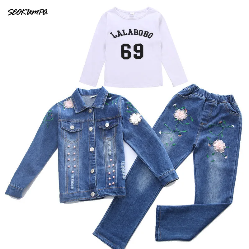 Autumn Spring School Girls Denim Clothing Set Jean Jacket+Denim Pants Jeans 3pcs Children Girls Denim Suit Kids Clothing Set Autumn Spring School Girls Denim Clothing Set Jean Jacket+Denim Pants Jeans 3pcs Children Girls Denim Suit Kids Clothing Set
