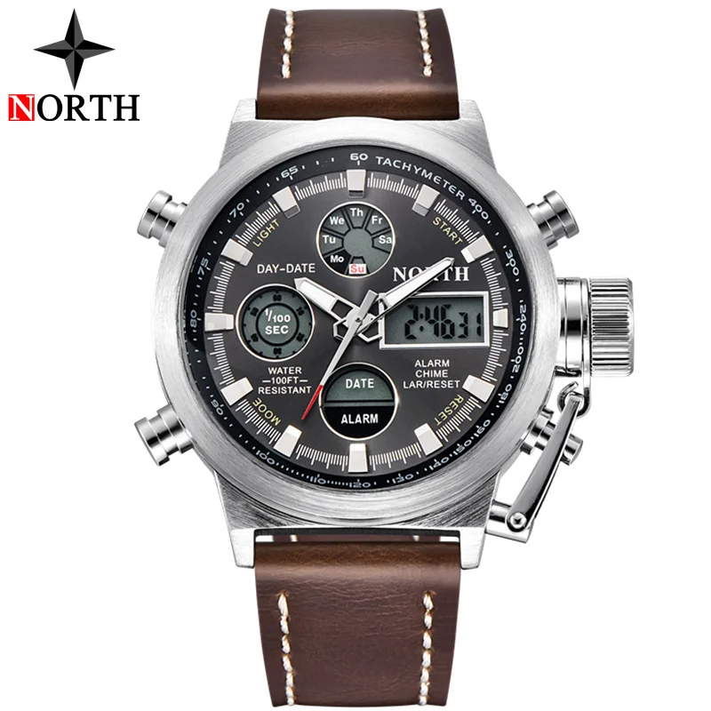 NORTH спортивные часы мужские военные кварцевые часы для мужчин аналоговые светодиодные цифровые кожаные нейлоновые мужские часы повседневные водонепроницаемые наручные часы - Цвет: L Brown Silver