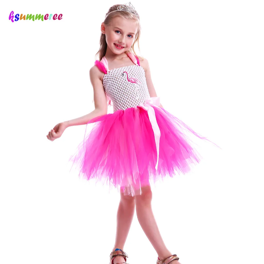 Kids Girls Flamingo Tutu Dress Sleeveless Summer Party Tulle Gown Girl Princess Fancy Fluffy Dress for Birthday Photo Clothing (1)