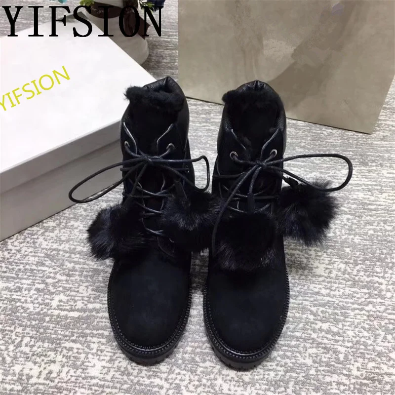

OLOME New Black Genuine Leather Wool Women Ankle Boots Round Toe Lace Up Thick Low Heel Women Winter Warm Boots Shoes Woman