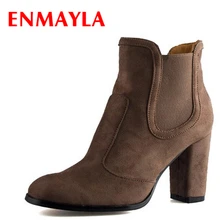 ENMAYLA Autumn Winter Chelsea Ankle Boots for Women Faux Suede Square Toe High Heels Shoes Woman Chunky Heels Boots Khaki Black new suede leather women 7cm high heels boots woman spring autumn ankle boots woman ladies dress shoes size 42 black gray khaki