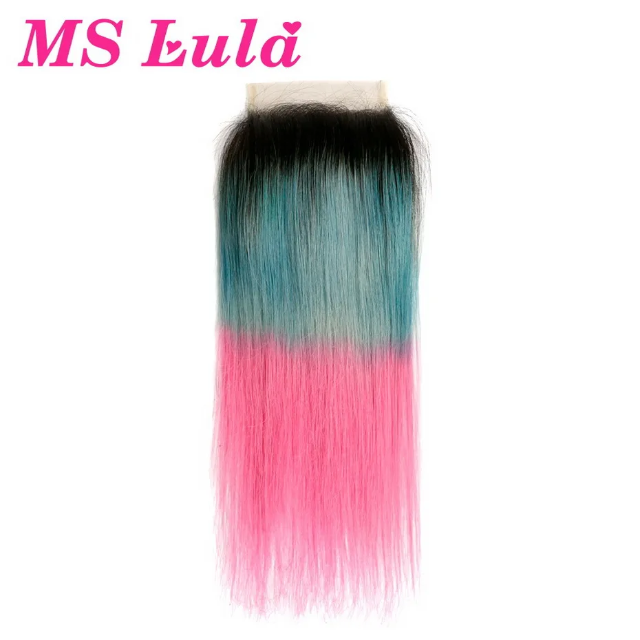 Бразильские прямые 3 пряди, с 4x4 закрытием, Омбре, синий и розовый, ms lula, remy, волосы для наращивания, волнистые человеческие волосы, пряди с закрытием