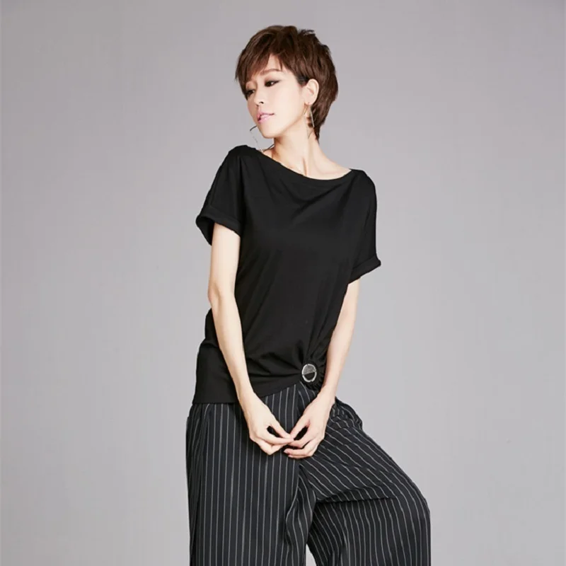 Tshirt European Split Women Style Ac8150 Shirt Summer Black Tee Slash Loose Asymsay Pleated Solid Irregular Joint Neck Tops AZqdCZvw
