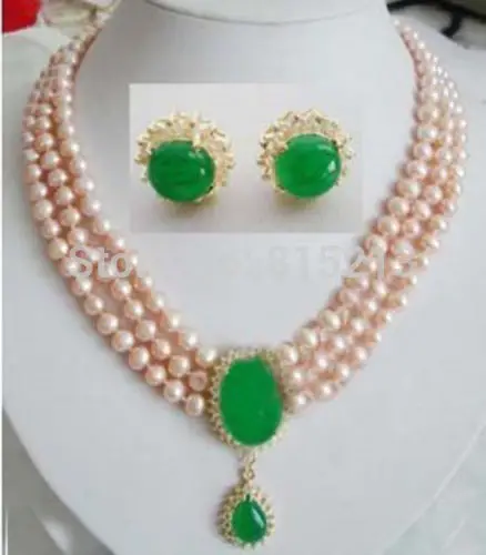 

ddh00945 3 rows pink Pearl jade Necklace earring set