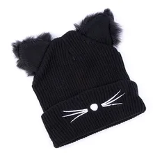 1 шт., осенне-зимняя повседневная женская шапка с вышивкой из искусственного меха, Смешанная из хлопка, черная шапка с кошачьими ушками, Шапка-бини, вязаная шапка