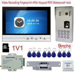 Отпечатков пальцев видеодомофон IP65 Водонепроницаемый Rfid телефон домашнее видео 9 "Цвет 8 ГБ SD карты Запись монитор видео звонок + замок