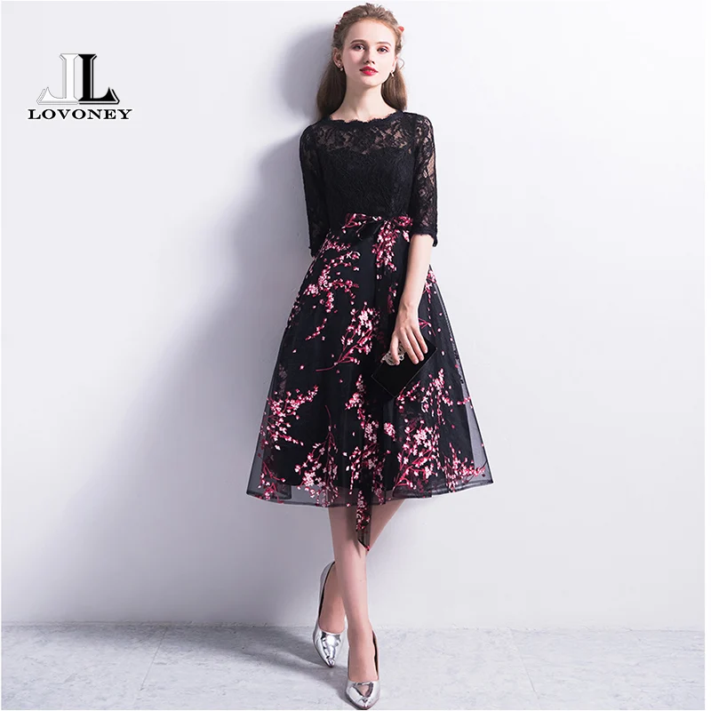 DEERVEADO Robe De Soiree 2019 New Arrival Short Lace Evening Dress with Half Sleeves Formal Dress Evening Party Gown YM308