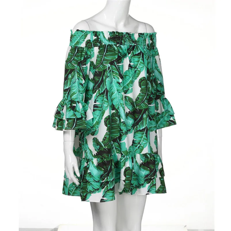 2018 HOT sell Dress summer beach dress Women Sexy Leaves Printing Off Shoulder Half Sleeve Dress Princess Dress vestido J07#N (15)