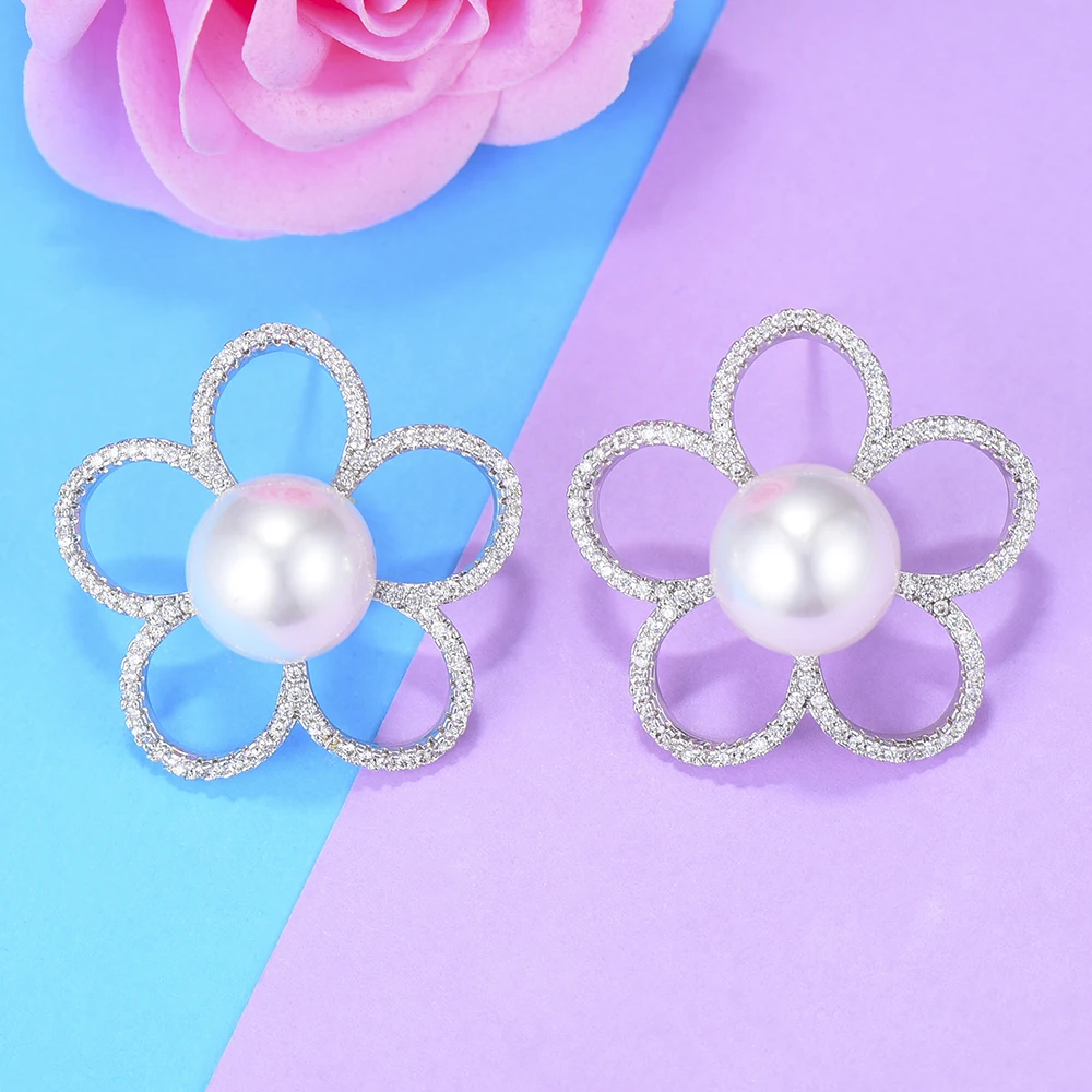 GODKI Роскошные модные цветок имитация жемчуга Серьги гвоздики для женщин Свадебные украшения кубического циркония серьги с фианитом Umode d'oreille