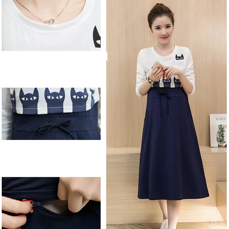 Korean Long Maternity Nursing Dresses Clothes Pregnancy Nurse Wear