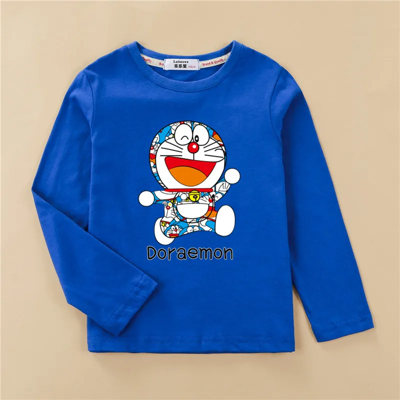 Модная одежда с изображением котенка, Детская футболка, топы для маленьких девочек с лолососеем, хлопковые футболки с длинными рукавами, милая детская рубашка с дораэмоном - Цвет: Blue1
