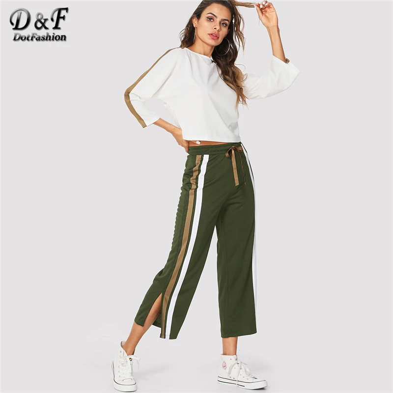 

Dotfashion Stripe Contrast Top & Drawstring Waist Pants Spring Round Neck 3/4 Sleeve 2 Piece Sets Autumn Women Casual Twopiece