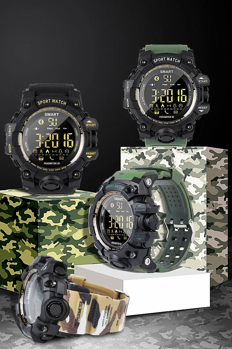 EX16S Camouflage Color Smart Watch Pedometer Smartwatch Stopwatch Smart Watch Men Call / Message Reminder for IOS Android Phone