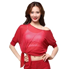 Дешевая новинка, Одежда для танцев, женский сексуальный топ, крест по бокам, обрезанный через шею, с открытыми плечами, для танца живота, эластичные топы, прозрачные