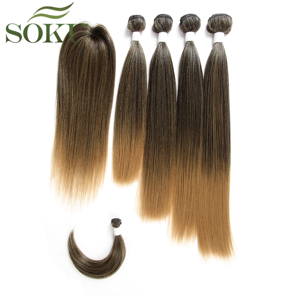 Эффектом деграде(переход от темного к коричневый Яки прямые синтетические волосы пряди с закрытием Bang 6 шт./упак. волосы на заколках для наращивания на всю голову 12-18 дюймов SOKU