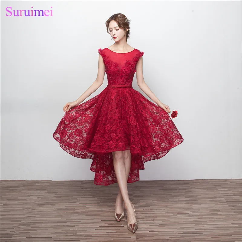 5 Free shipping Cap Sleeve Real Image High Low Cheap Prom Dresses 2017 Burgundy Vestido Corto De Fiesta