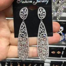 Luxury Full Cubic Zirconia Women Wedding Party Ceremony Silver Big Earrings