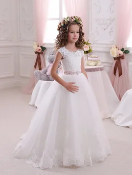 

White Lace New Pearl Belt Girl Kids Clothes Gown vestido de primera first communion dress Lace Flower Girl Dresses for Wedding