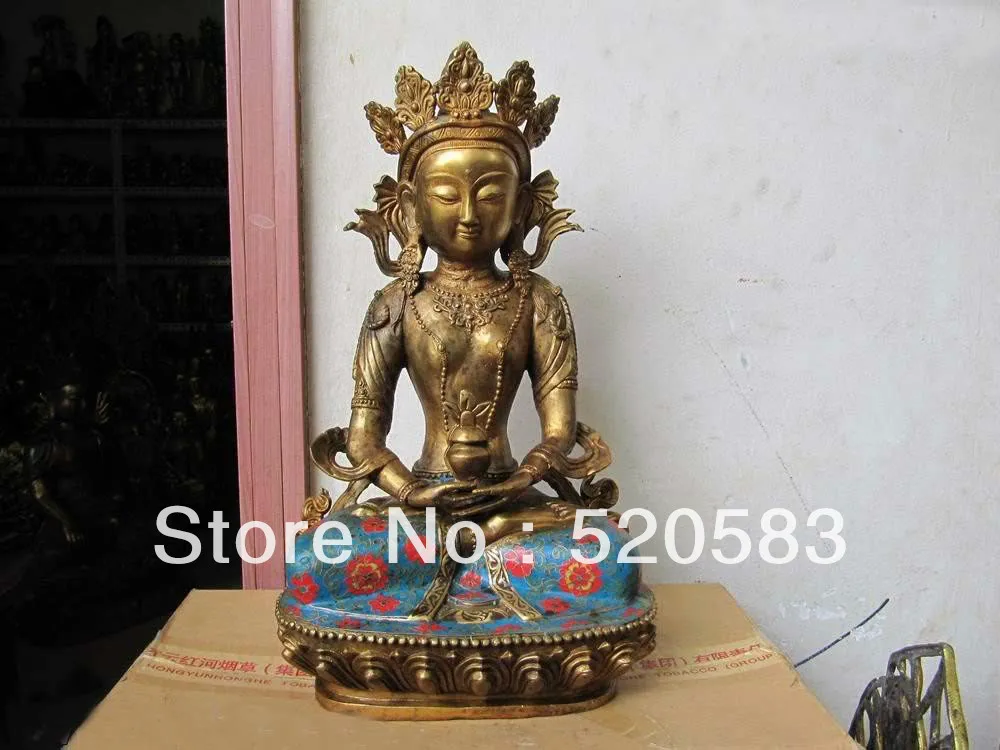 

17"Tibet Old Bronze cloisonne Amitayus longevity Buddha statue