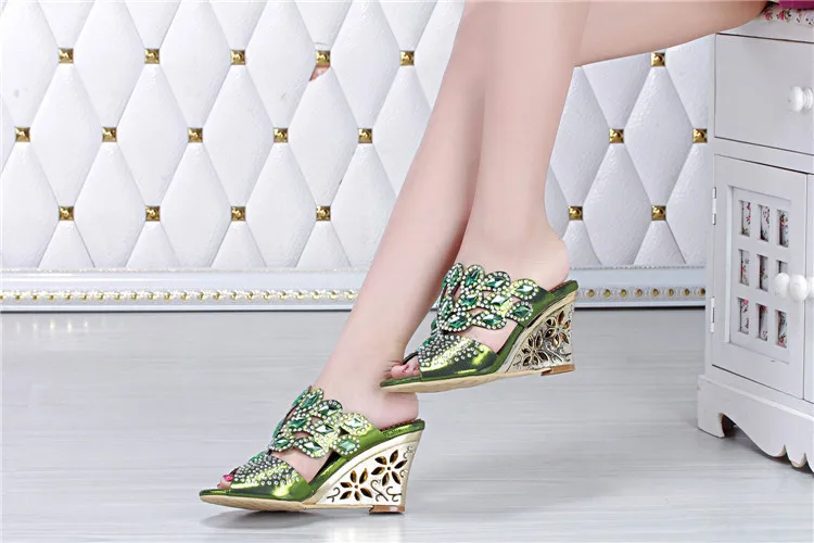 2017 New Green Large Size Open-toe Womens Shoes Leather 40 44 Wedge Heel Slippers Heels Sandals Party & Evening High Quality-2