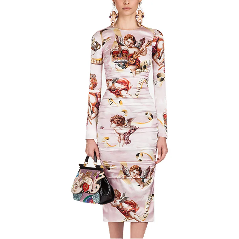 

Runway Designer Pink Bodycon Party Dress Autumn Women Printed Letter Character Sheath Dress Vintage Slim Draped Pencil Dress