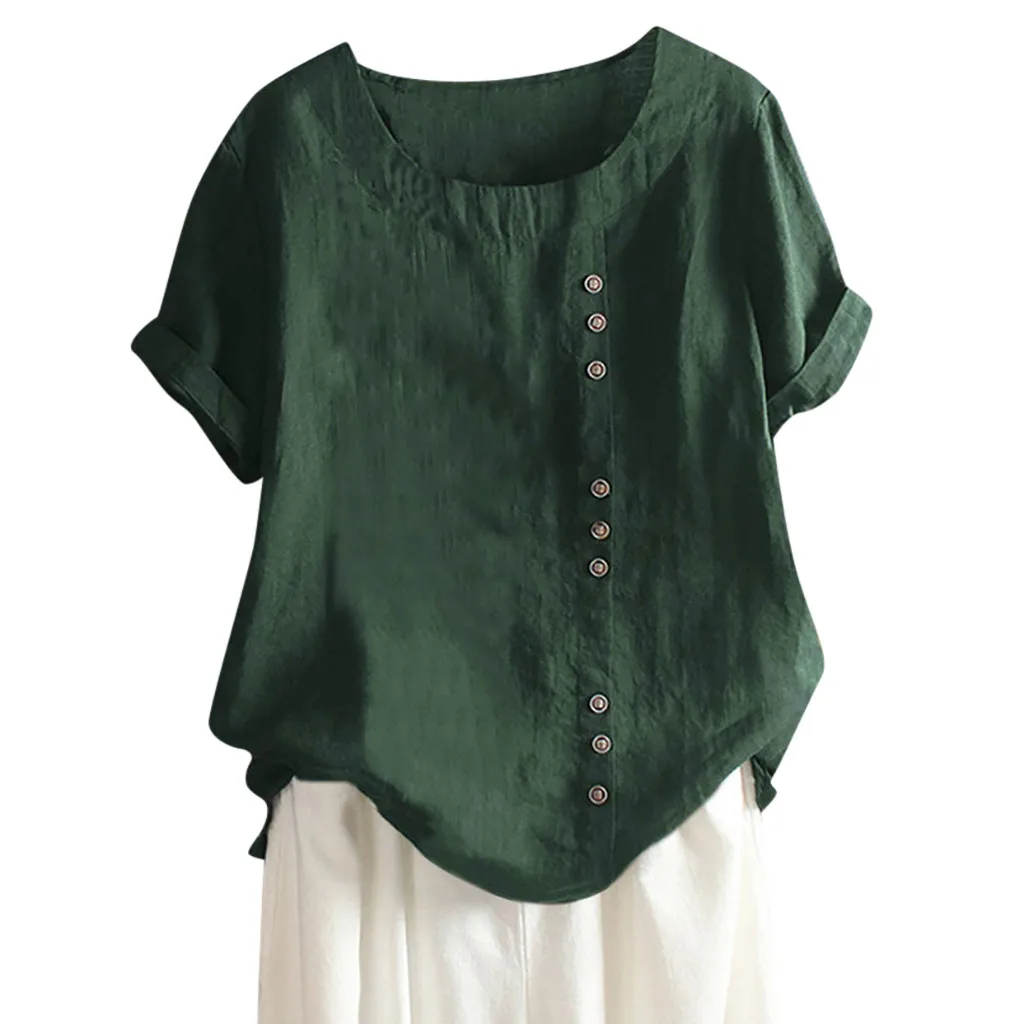 

YOUYEDIAN Plus Size Linen Tunic Shirt Woman 2019 Bohemian Printed Button Blouse Casual Loose Short Sleeve Round Neck Tunic Shirt