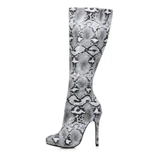 Новые осенние модные черно-белые со змеиным принтом колено высокие сапоги пикантные женские высокие сапоги на высоком каблуке большой Дамская обувь размеров 35–43
