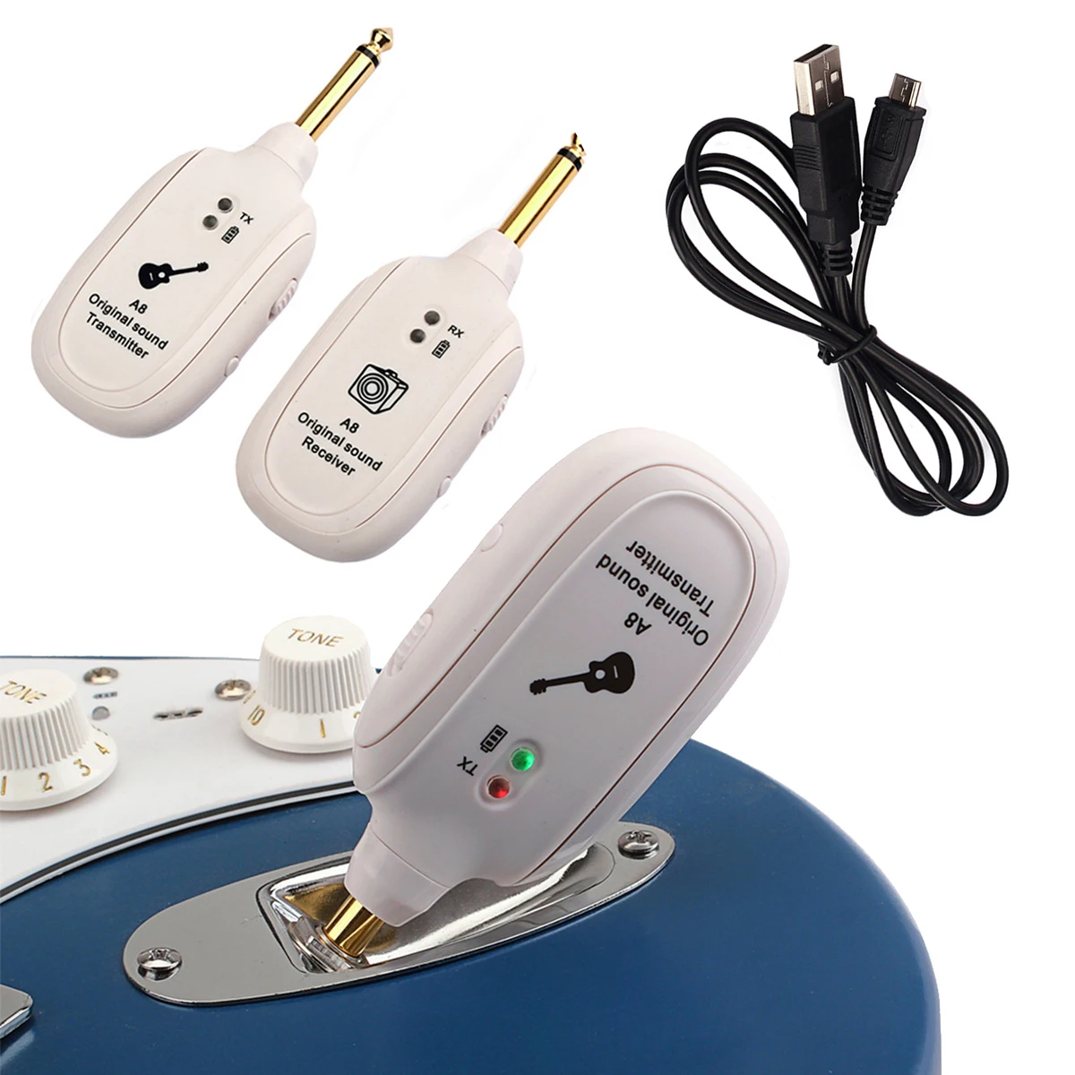 

Micro USB Guitar Wireless System Black White UHF Wireless Electric Transmitter Guitar Receiver Set with USB Charging Cable