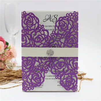 

Purple Glitter Flora Laser Cut Wedding Invitations Cover Blue Gold Silver Champagne Cards for Anniversary Graduation