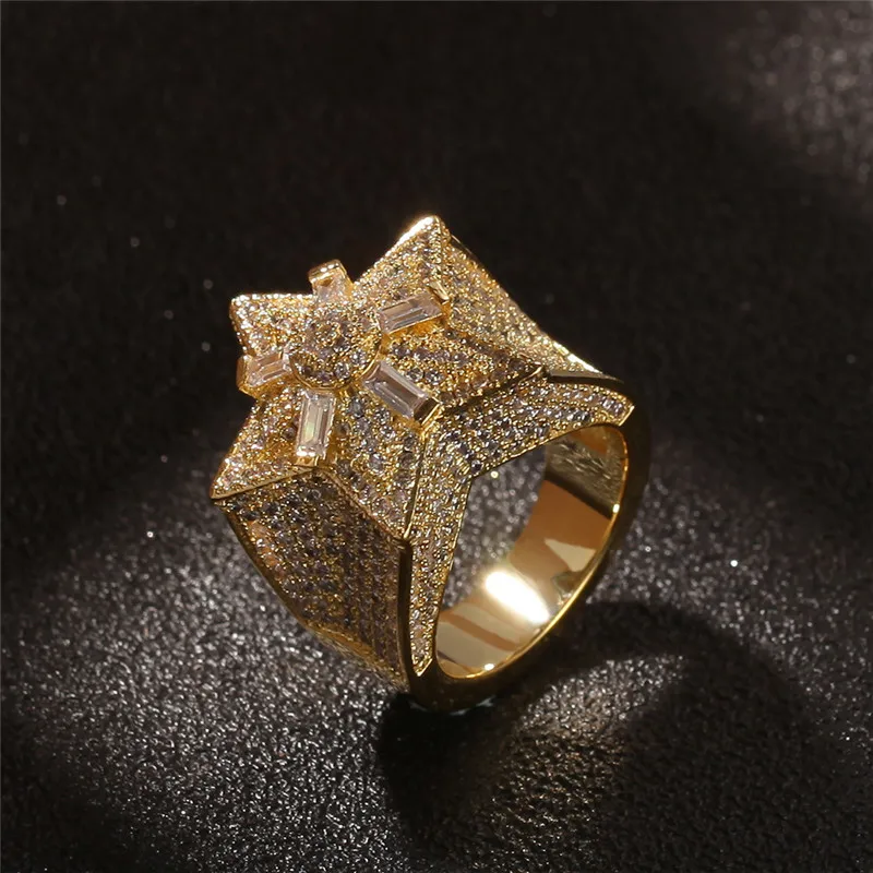 

Hip Hop Bling Mens Rings New Arrival 2 Colors Iced Out Five-Pointed Star Micro Pave Zircon Rings for Men Women Gifts