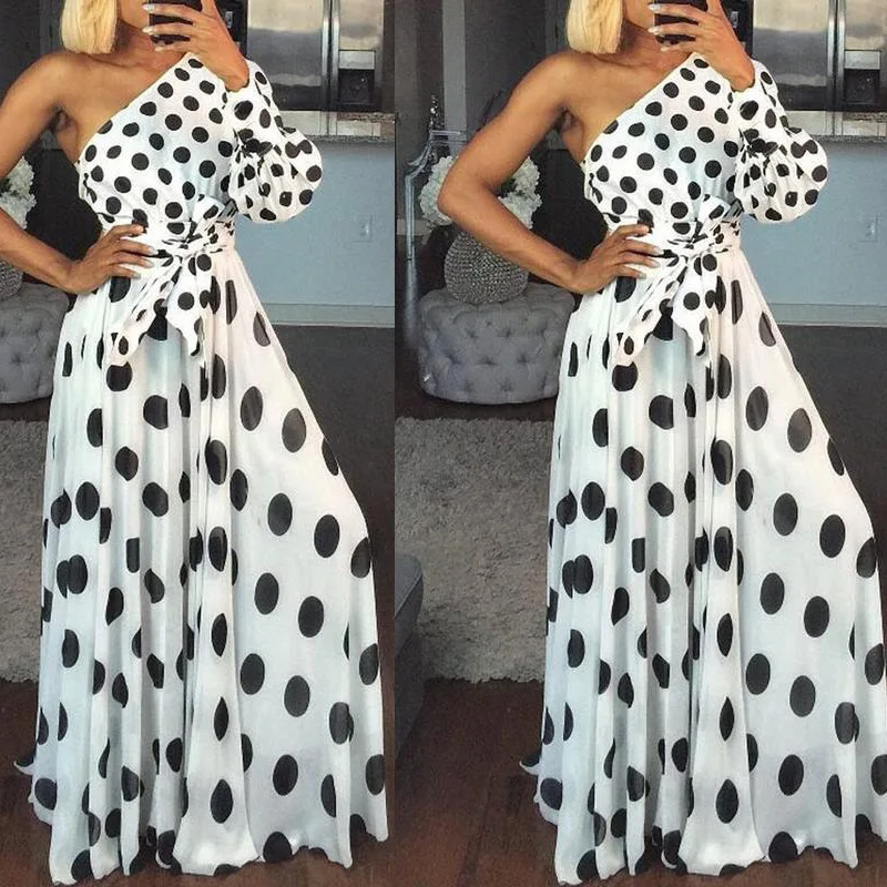 

Women Summer Dress One Shoulder Black Polka Dot Waist Belt Bohemian Holiday Beach Fashion Pleated Female Vacation Robes Tunics