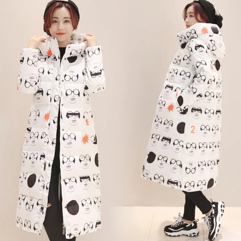 New Arrival Auturm Winter Women Down Coat Jacket X Long Parkas Print Thick Cotton Warm Outwear