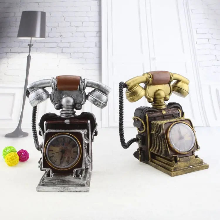  Vintage Telephone Alarm Clock and Piggy Bank Resin Ornaments Clock Crafts Home Decoration Furnishin