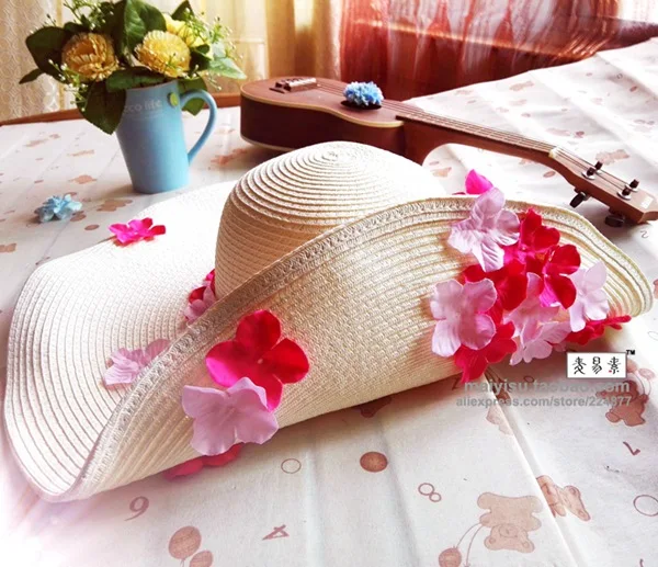 Летние женские складные Цветочные Широкие большие пляжный навес шляпа от солнца для родителей и детей соломенная шляпа пляжная кепка для женщин элегантные шляпы для девочек - Цвет: adult cherry B white