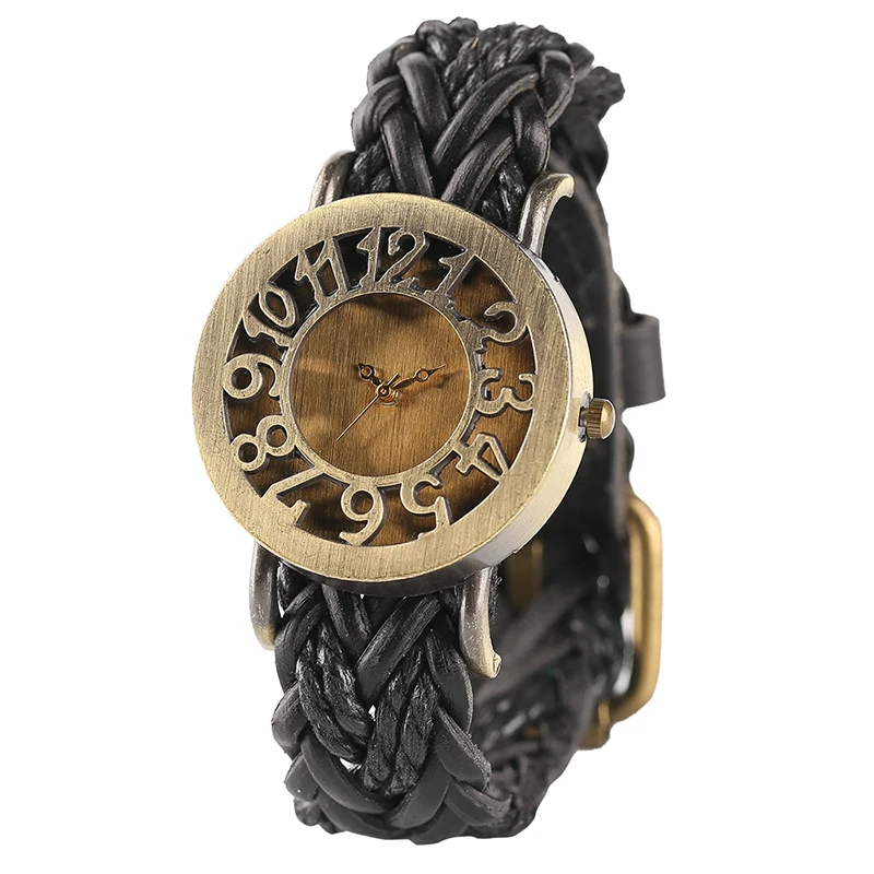 

Men Watch Hollow Retro Bronze Quartz Watch with Woven Leather Watchband Unique Cool Quartz Wristwatch for Men Boy Best Gift