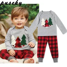 Puseky/коллекция года, детская одежда унисекс для маленьких мальчиков и девочек футболка с рождественской елкой штаны в клетку, комплект одежды из 2 предметов, От 1 до 5 лет