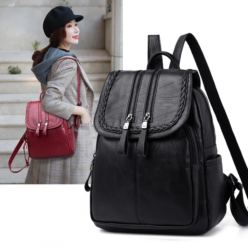 

Casual Double Zipper Backpack Female PU Large Capacity School Bag for Girl Brand Leather Shoulder Bag for Women 2018 Lady's Bag