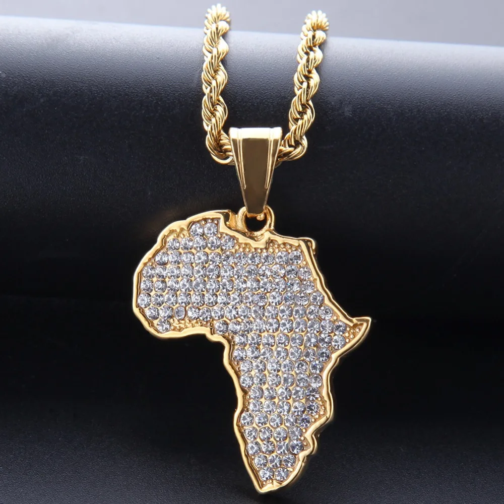 

Men Hip Hop Iced out bling Africa Map Pendant Necklaces Stainless Steel Fashion PoPular Charm Necklace Hiphop jewelry gifts