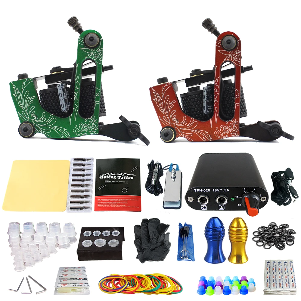 

Beginner Tattoo Kit 2 Machine Guns Power Supply Set Grips Ink cups TK201-15