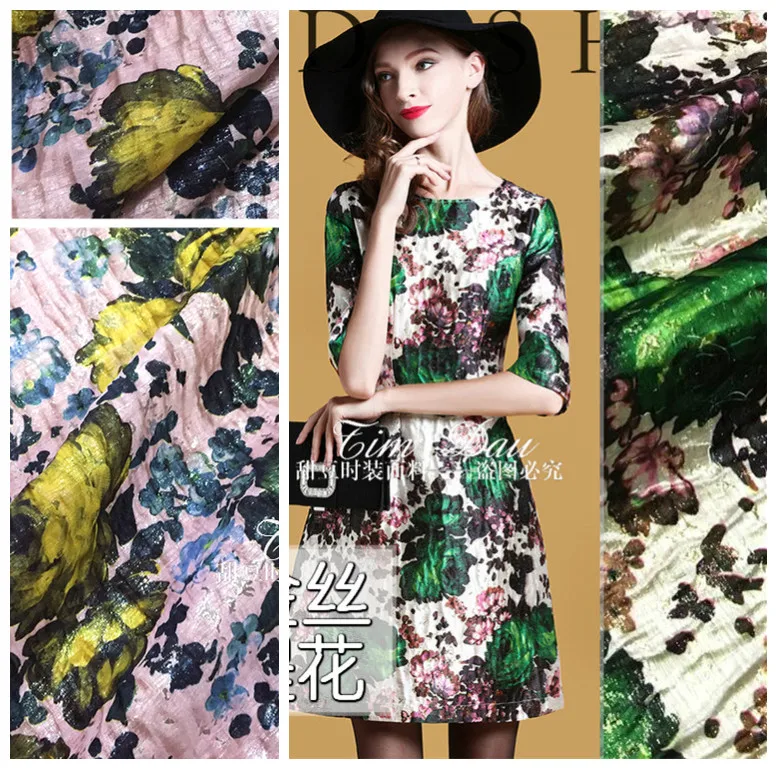 

Peony jacquard fabric meter crisp fashion dress jacket DIY jacquard polyester fabric wholesale jacquard cloth 2 color