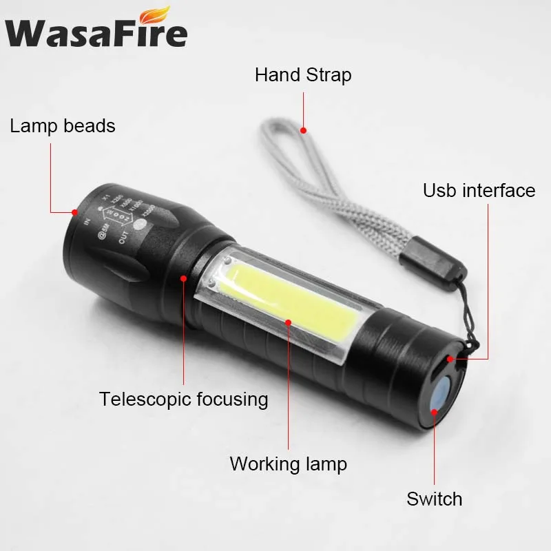 Q5 COB LED Flashlight Waterproof 3 Modes Torch Aluminum Zoom Lamp USB Rechargeable Built In Batttery Torch