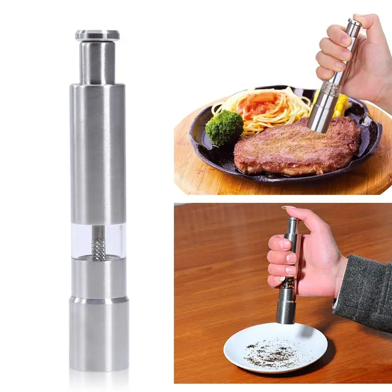 

Silver Color Hand Driven Metal Pepper Grinder/Salt Mill&Muller,Portable Thumb Push Aluminium Case,Stainless Steel Grinder