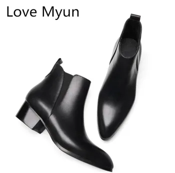 

New arrival mens pointed toe slip on genuine leather high heels ankle boots black fashion wedding shoes men business dress boots