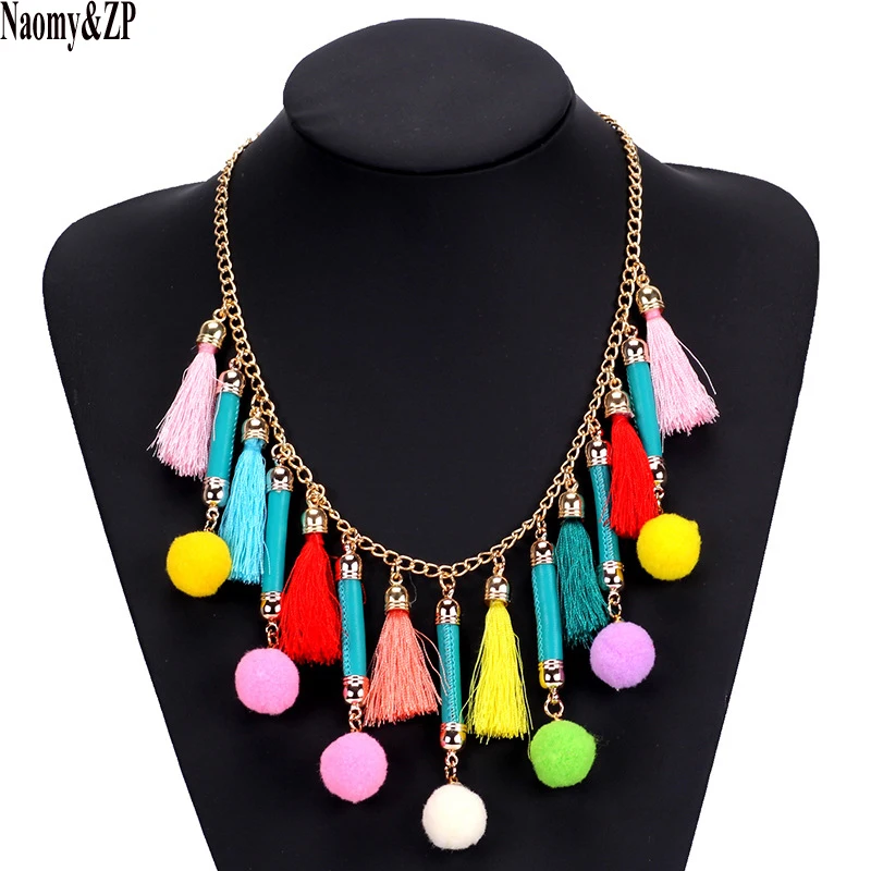 

Naomy&ZP Fashion Statement Collar Choker Necklace Pompom Multilayer Bohemian Long Maxi Tassel Necklace Women Jewelry Handmade