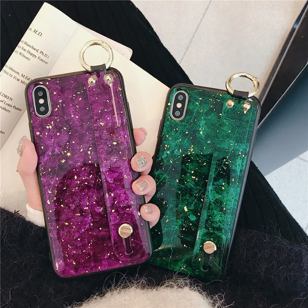 

Wrist Strap Soft TPU Phone Case For iphone 7 8 6 6s plus Case For iphone X Xs max XR Granite Marble Gold Foil Holder Case Capa