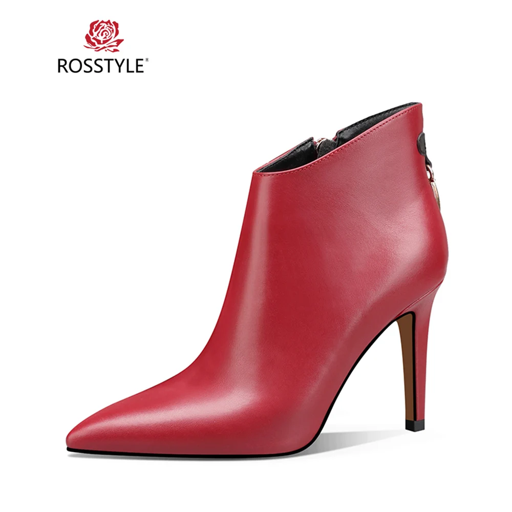 

ROSSTYLE Mature Woman Ankle Boot High Quality Genuine Leather Solid Short Boot Sexy Pointed Toe Thin Heel Elegant lady Boots B76