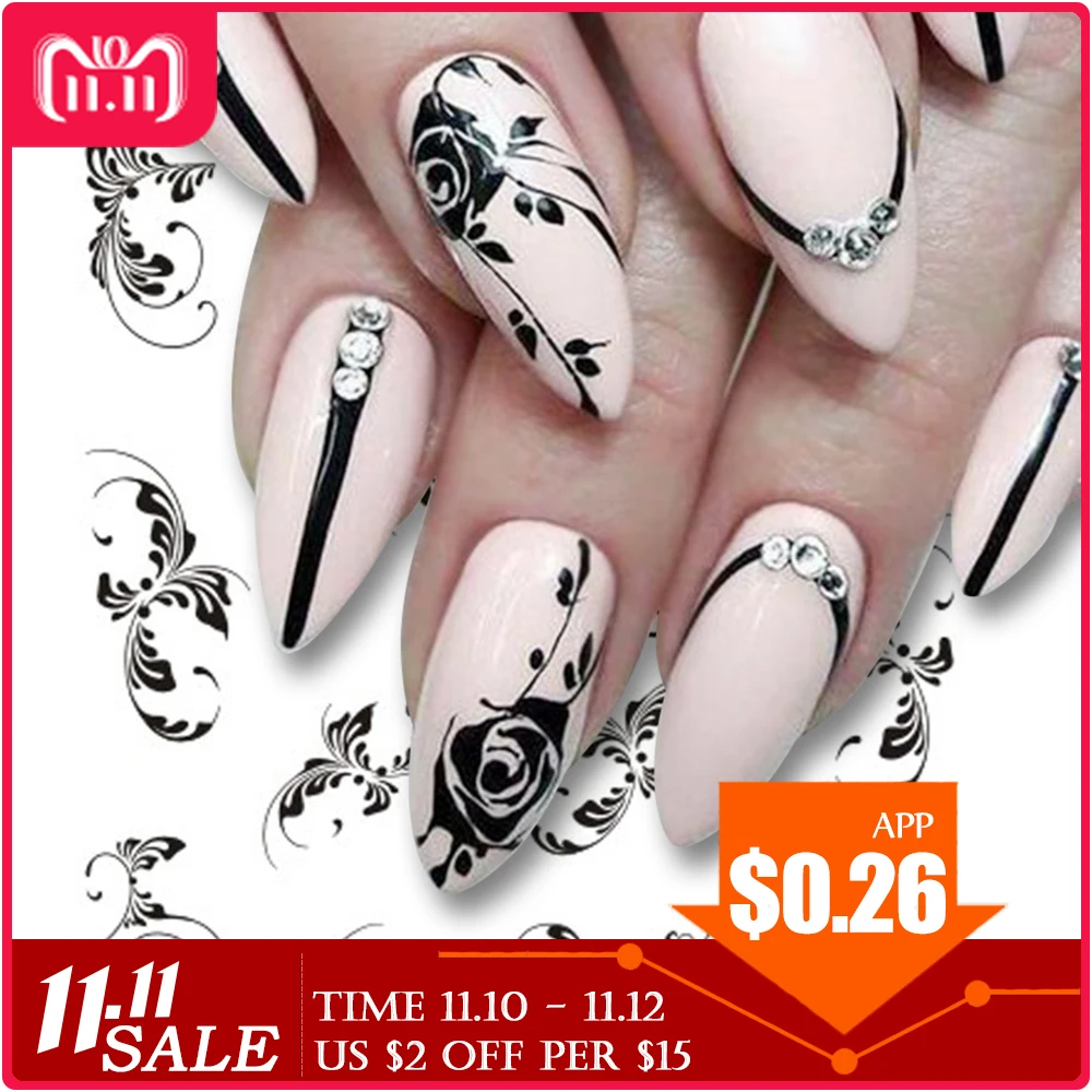 1pcs Nail Sticker Flower Water Transfer White Rose Necklace Jewelry Nail Water Decal Black Wraps Tips Manicure SASTZ609-658