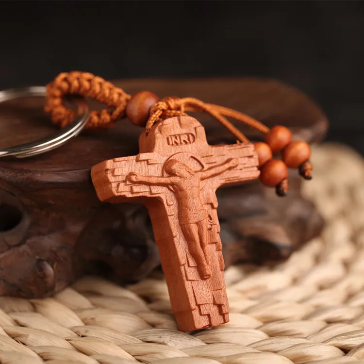 

100 Pieces/lot Walnut Keychain Wholesale Cross Car Keychain Pendant Security Gift Church Jesus Souvenirs Chaveiro Brelok