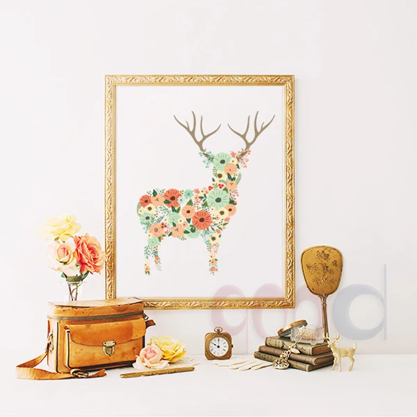 Floral Deer Canvas Art Print painting Poster, Wall Pictures for Home
